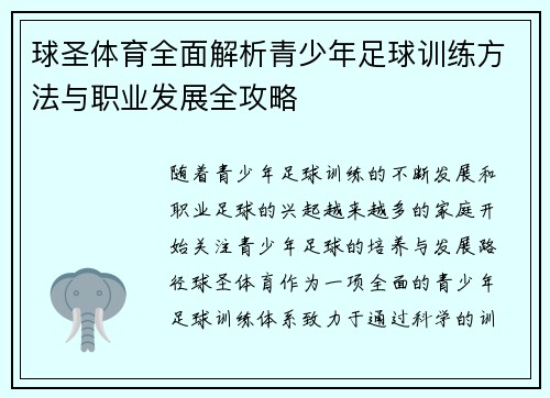 球圣体育全面解析青少年足球训练方法与职业发展全攻略