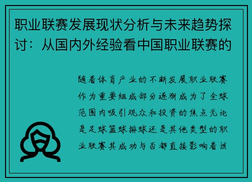 职业联赛发展现状分析与未来趋势探讨：从国内外经验看中国职业联赛的潜力与挑战