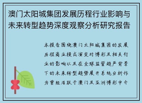 澳门太阳城集团发展历程行业影响与未来转型趋势深度观察分析研究报告