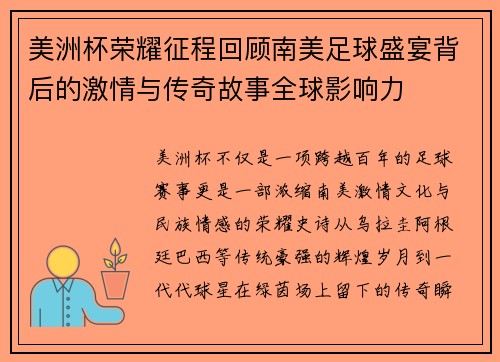 美洲杯荣耀征程回顾南美足球盛宴背后的激情与传奇故事全球影响力